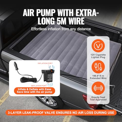 VEVOR Truck Bed Air Mattress, for 5.5-5.8 ft Full Size Short Truck Beds, Inflatable Air Mattress Camping Bed with 12V Air Pump 2 Pillows, Carry Bag, for Silverado, RAM, F Series, Sierra, Titan, Tundra by VEVOR - Image 3