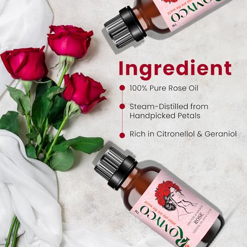 Image of Romyco Rose Essential Oil 30ml (Gulab) for Romance, Luxury | Hydrated Skin Care | Natural Perfume & Meditation | Aromatherapy & Diffuser Oil | Men & Women | Pure Natural Organic & Undiluted