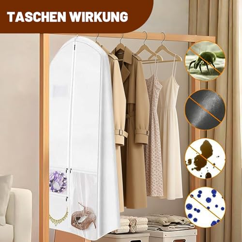 Kleidersack Lang 180×60 cm, Faltbare Kleiderhülle mit 4 Taschen, Atmungsaktiver Kleidersack mit Griffen, 26cm Seitenlänge, Staubdichte Kleidungsschutztasche,Für Brautkleider,Abendkleider,Mäntel(Weiß)