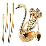 Kaffeelöffel Set Schwan Löffel Swan Partybesteck Teelöffel Set Dekoration Löffel Creative Tableware With Swan Base 4 PCS Obstgabeln Set Aus Edelstahl 6 PCS Dessert Löffel Für Kuchen Salat (Gold)
