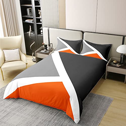 Kids Geometric Abstract Cotton Duvet Cover Set Single Size Grey Orange Stripe Comforter Cover Set for Kids Women Men Modern Triangle Decor Bedding Set Bedspread Cover Bedding Collection 2Pcs - Image 3