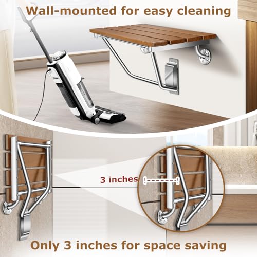 Folding Shower Seat Wall Mounted 28\" with Stainless Steel Bracket, Structural Stability, 500 lb Capacity, Space-Saving, Teak Shower Bench for The Elderly, Disabled, Pregnant Individuals, Children