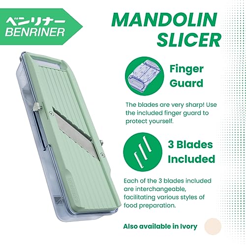 Benriner BN-3GR Japanese Handheld Mandolin Slicer with Three Interchangeable Stainless-Steel Blades-Ivory, Vegetable Fruit Cutter Peeler, Stainless Steel, Green, Catch Tray - Image 3