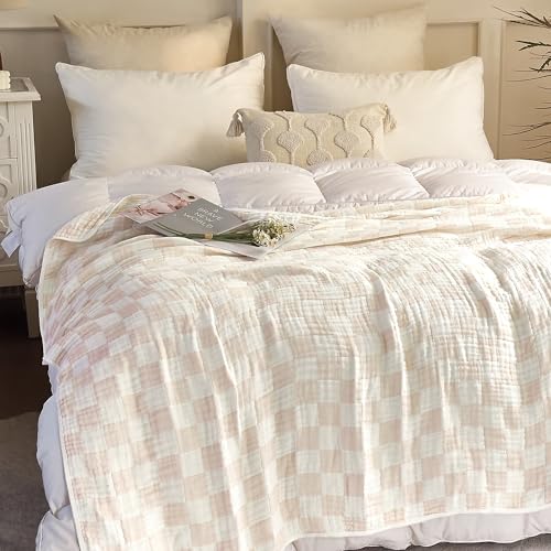 Image of SANACYNA 100% Cotton Muslin Blanket 6-Layer Gauze Cream Grid Cooling Blanket Lightweight Soft and Breathable Blanket for Sofa Couch Bed Coverlet Both Sides (Cream, Throw 50 inchx60 inch)