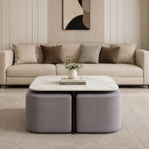 Image of The Attic Norwood Coffee Table, Coffee Table for Living Room, Coffee Table with 4 stools Solid Wood Centre Table with Ceramic Top, Black Finish
