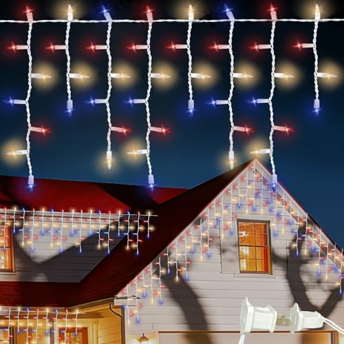 GLOWNOVA 100L Patriotic Frosted Icicle String Lights, White Wire, Red & White & Blue Color, 120V, for Independence Day & Patriotic Decor