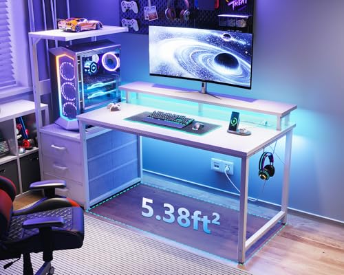 Image of AODK 52 Inch Gaming Desk with USB Charging Ports & LED Light- Reversible Computer Desk with Storage Shelves & Monitor Stand, Modern Gamer Desk Table with Fabric Drawers, White
