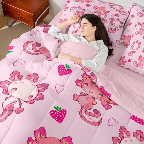 Image of Feelyou Kids Cute Axolotl 7 Pieces Bedding Set Queen Size, Strawberry Comforter Set with Sheets Boys Girls Kawaii Ocean Sealife Bed in A Bag Cartoon Fruit Teens Bed Set Bedroom Decor 7Pcs
