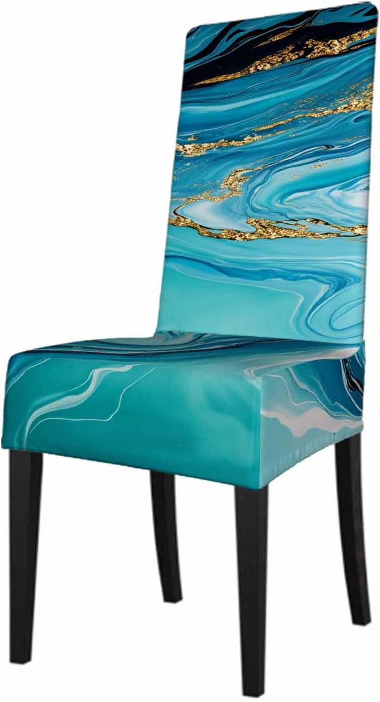 1 Pack Beautiful Natural Marble Wave Dining Room Chair Covers Decay Blue Liquid Fluid Curve Short Stretchable Polyester Removable Washable for home Restaurant Banquet