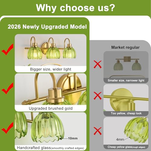 Image of Bathroom Light Fixtures (3-Light, 20 Inch), Brushed Gold Vanity Lights for Bathroom with Ribbed Green Tulip Glass Shade, Vintage Vanity Wall Lights for Mirror Bedroom Living Room Hallway