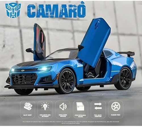 Image of Die-Cast Model Car, 1:32 Scale, Black with Gold Accentsband Hood Pull Back Super Car with Openable Doors Sound and Light for Birthdays Gift Party Decorations (Camaro 1:32)