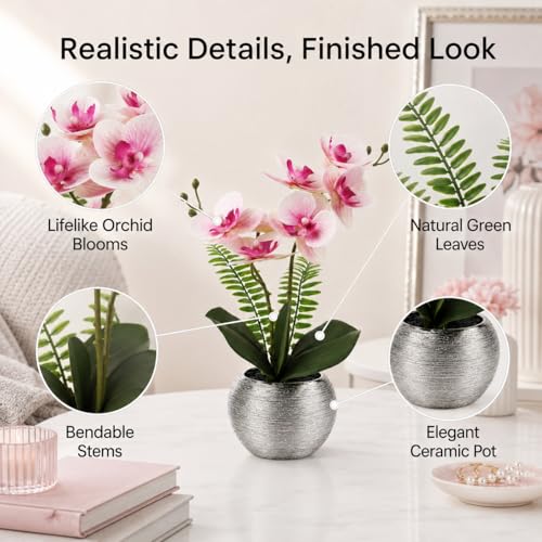 Orquídeas artificiales pequeñas rosa claro Briful con maceta cerámica plata de sobremesa 4