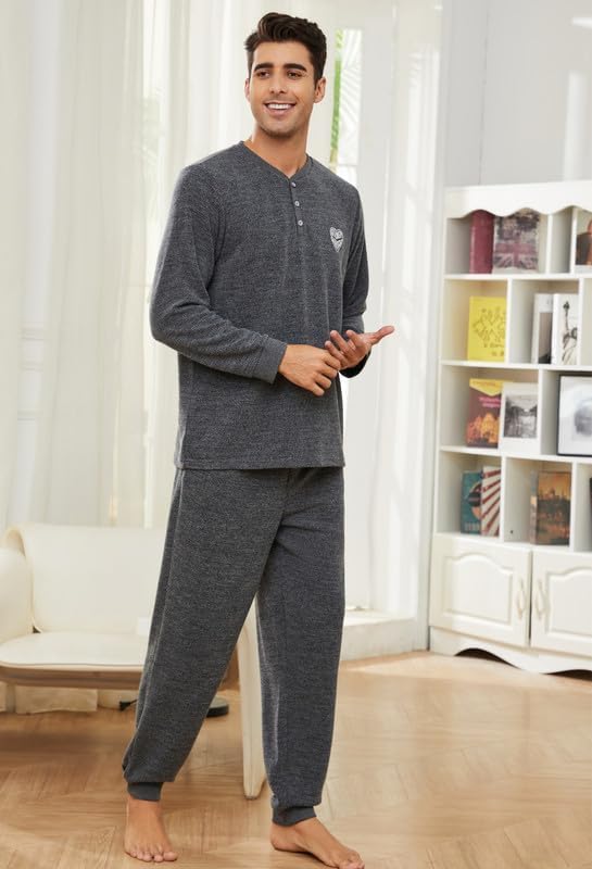U2SKIIN Mens Henley Collar Pajama Set Long Sleeve Pajamas for Men loungewear Casual Sleepwear Pjs Set - Image 5