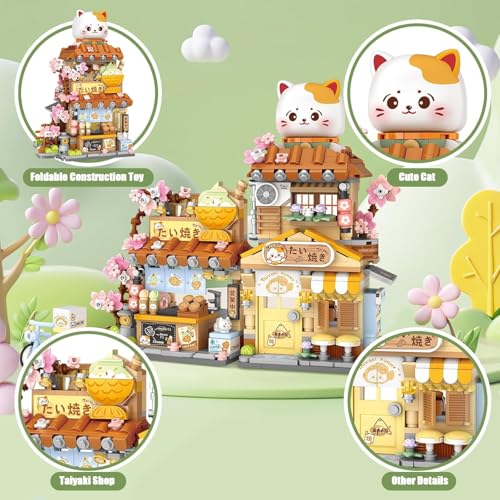 Image of SKY LINE OCEAN Japanese Street View Taiyaki Shop Mini Building Blocks Set, 923+ PCS Cute Cat Food Shop Architecture Model Kit, Creative MOC Construction Toy for Girls Boys Kids Adults