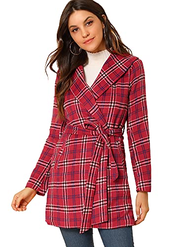 Allegra K Women's Plaid Belted Shawl Collar Tie Waist Wrap Overcoat Fall Winter Coat Medium Red