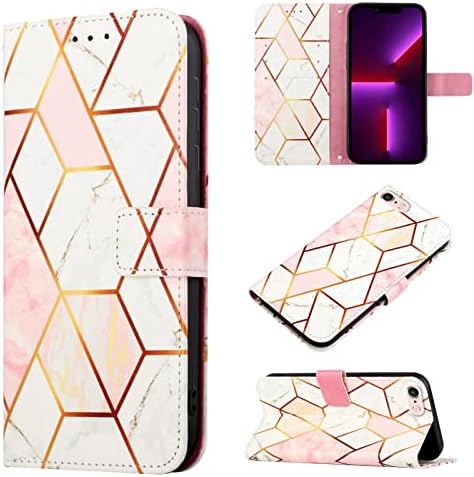 Dfjhure For iPhone SE 2022 Case iPhone SE 2020 Case iPhone 8/7 Phone Case Shockproof Phone Cover Marble Silicone Case Leather Flip Folio Wallet Cover with Card Holder Stand Case- Pink
