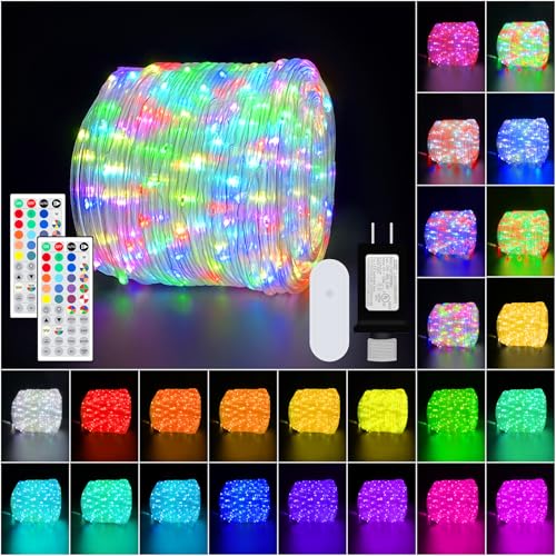50ft IP68 Waterproof Rope Lights for Outside, RGB+WW Dimmable Outdoor Fairy String Lights with 2 Rmote, 25 Colors & 6 Dynamic Modes, Plug-in Twinkle LED Light Strip for Christmas Indoor Outdoor Decor