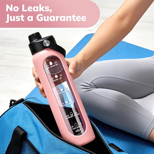 Image of Aqulea 32 oz Glass Water Bottle with 2 Lids - Spout & Straw Lids, 1L Motivational Borosilicate Glass Water Bottle with Time Marker & Silicone Sleeve, Leakproof (Pink)