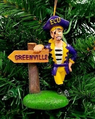East Carolina ECU Pirates Mascot Resin Ornament W/Sign Greenville 4"