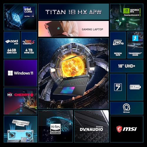 Image of msi Titan 18 HX AI 18 inch 240Hz MiniLED UHD+ Gaming Laptop: Intel Ultra 9-290HX, NVIDIA Geforce RTX 5090, 64GB DDR5, 4TB NVMe SSD, Thunderbolt 5, Wi-Fi 7, Win 11 Pro: Black A2WJ-1258US