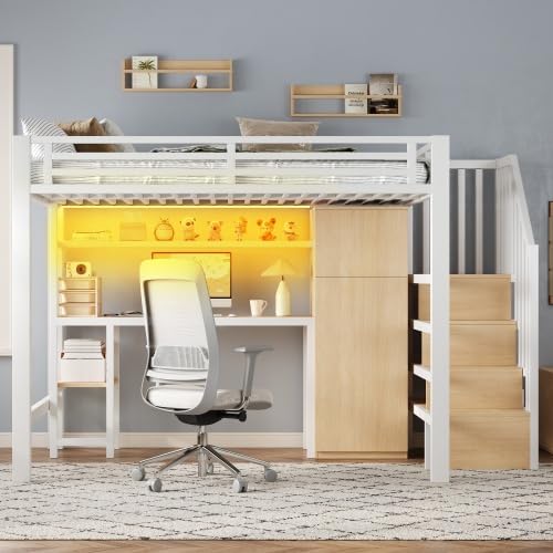 Merax Metall-Hochbett 140x200 mit Schreibtisch, Regal, Kleiderschrank, Stauraumtreppe und LED-Licht – Weiß, Ideal für Kinderzimmer, Jugendzimmer und kleine Apartments