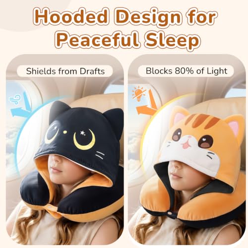 Image of Mewaii Kids Travel Neck Pillow, Airplane Pillow with Hood, Orange | Memory Foam, Neck Support, Reversible, Adjustable Strap, Washable Cover, Cat Ear Hood, for Flights, Cars, Kids & Teens