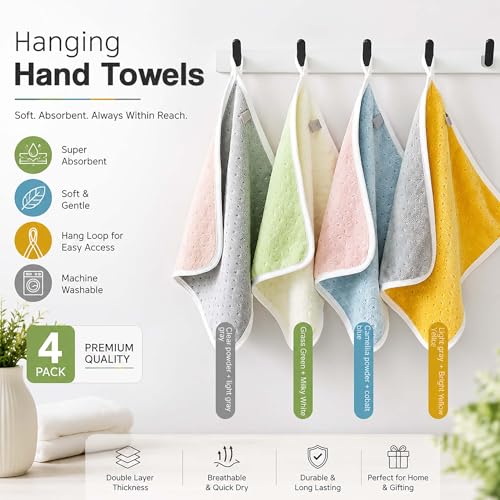 Image of Hand Towels Set of 4, 400 GSM Microfiber Towels, Super Soft Quick Dry Absorbent Face Towels with Hanging Loop for Bathroom, Kitchen, Gym, Home & Travel, 40 x 60 cm, Multicolor