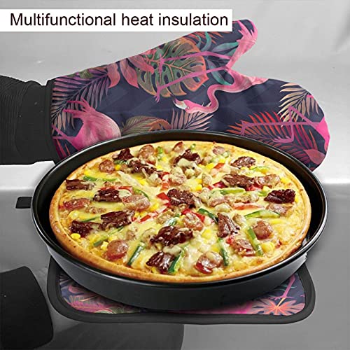 Perinsto Pink Flamingos Tropical Palm Leaves Oven Mitts & Pot Holders Kitchen Set Heat Resistant Decorative Cooking Gloves Microwave Oven Gloves For Baking Grilling Bbq #TOP3