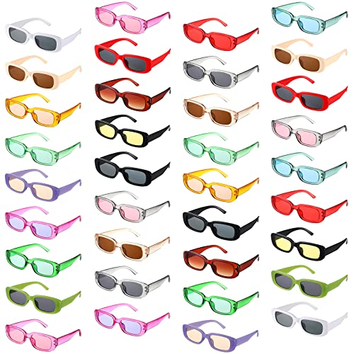 Ecally 36 Pairs Small Retro Rectangle Sunglasses Bulk 90s Vintage Trendy Sunglasses Pack for Women Men(Square,Transparent Color)