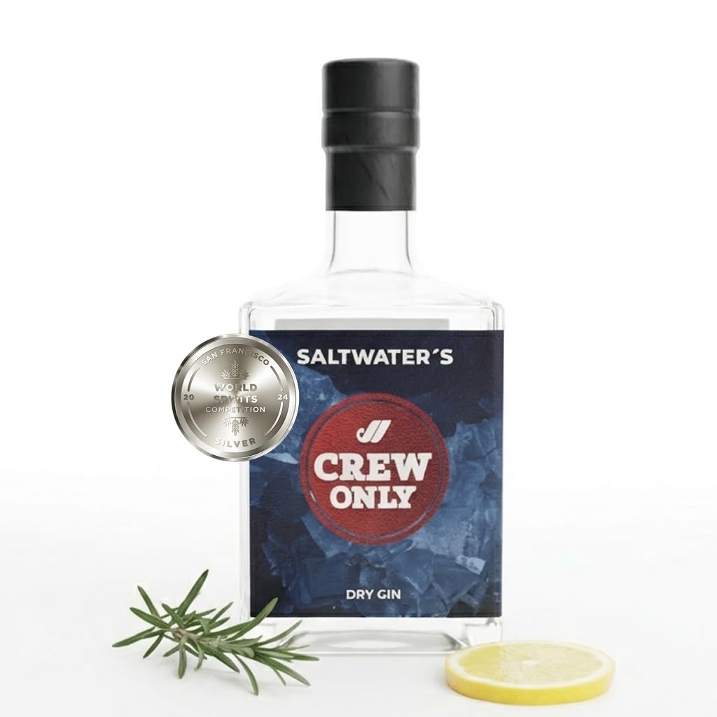 CREW ONLY Dry Gin – Intensiver Wacholder mit fruchtigen Beeren, Ingwer, Rhabarber, Preiselbeeren und Lavendel – Aromatischer Gin – 0,5 l Flasche 40% vol