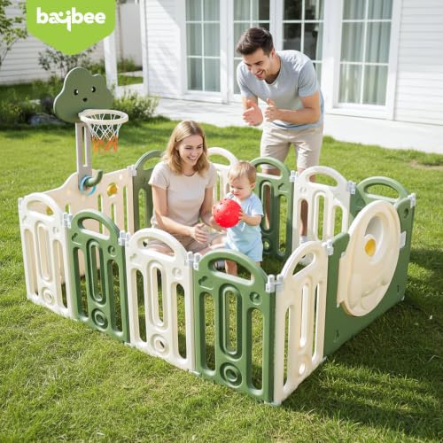 Image of Baybee Kids Playpen for Babies | Foldable Baby Play Area Indoor Setup with Basket Ball Hoop, Safety Door Lock & Double Knob | Outdoor Play Pen for Baby for 0 - 5 Years Boys Girls | Baby Activity Playards with Kids Customized Shapes (Green-14 Panels)