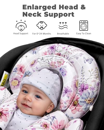Image of TinlyFinly Infant Car Seat Insert with Extra Cushion for Preemie to Toddler, Reversible Newborn Carseat Insert for Baby Head Body Support, Fits for Stroller, Baby Swing, Bouncer (Purple Wildflower)