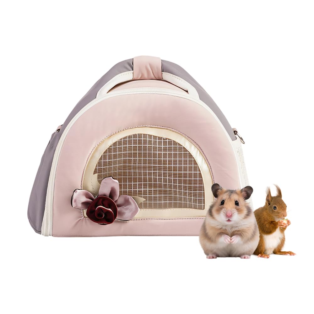 Small Animal Carrier Bag, Hamster Travel Bag with Shoulder Strap & Handle, Breathable Mesh Window for Sugar Glider Guinea Pig, Side Storage Pocket