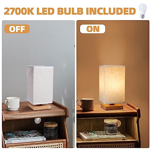 Image of Small Square Bedside Table Lamp for Bedroom, Minimalist Wood Base & Round Fabric Shade, Mini Cute Cozy Warm Nightstand Boho Lamp, Study Desk Night Stand Light for Room, Dorm, Nursery, Living Room