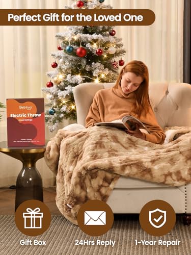 Image of Bearhug Electric Blanket Twin Size, 90F-108F Fast Heating Throw with 10 Heat Levels & 1-12H Auto Shut-Off, Machine Washable Soft Velvet and Sherpa Heated Blanket for Bed or Couch, Champagne