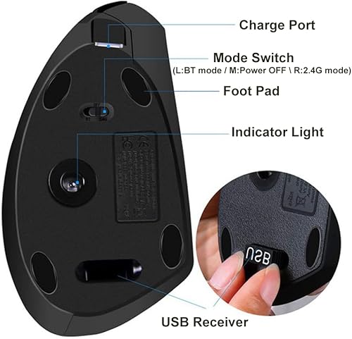 Miniatura 7 de Ratón vertical, para diestros 2.4 GHz, inalámbrico, ergonómico, recargable, vertical con 4 DPI ajustables 800120016002400, 6 botones, compatible con