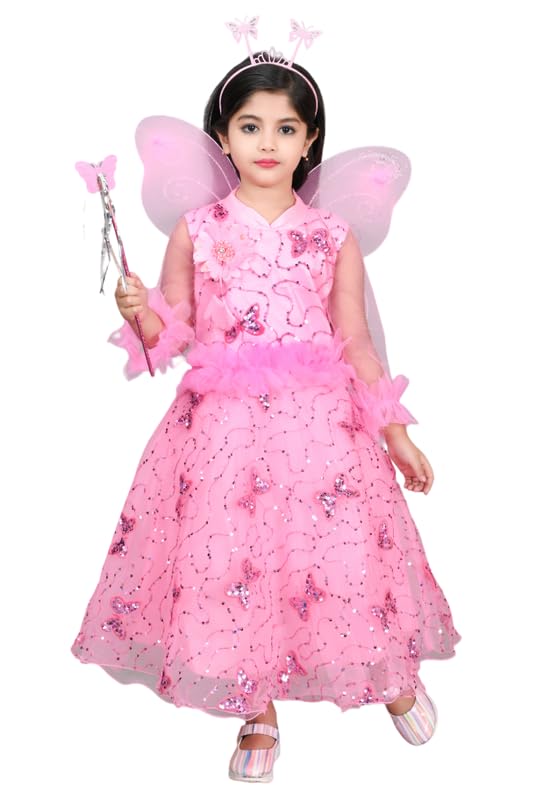 Image of Zenat Girls Kids Net Regular Fit Knee Length Sweet Angel Frock Dress (Pink 3-4 Years)