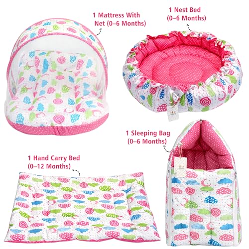 Image of Fareto Combo of Baby Nest | Net with Bed | Carry Bag | 4 Pcs Bedding Set(0-6 Months) (Fullset Nest) (FULLSET NEST Peach SPRIAL)
