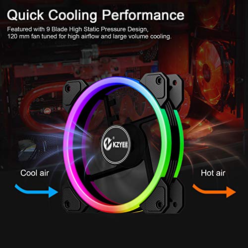 KZYEE 5-Pack Wireless 120mm RGB LED Fan, Dual Light Loop Quite Edition High Airflow Adjustable Color LED Case Fans with Remote Control for Gaming PC Cases - Thumbnail 7