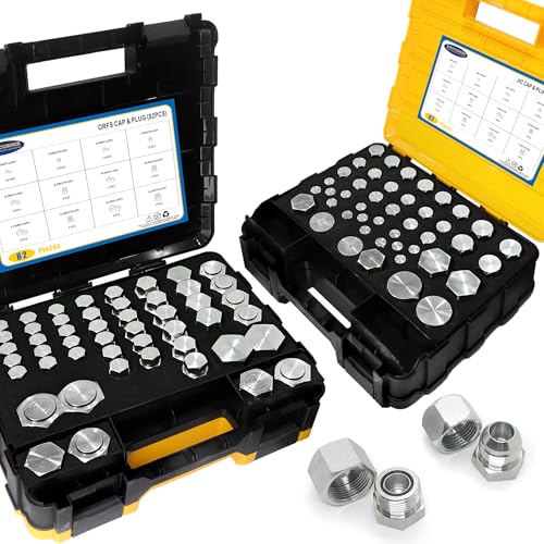 Image of 164pcs JIC and ORFS Master Industrial Hydraulic Cap and Plug, Hose Tube and Pipe Fitting Kit Cap and Plug Kit, Precision Threading in ORFS Sizes 4 6 8 10 12 16 and 37 Dash Sizes 4 6 8 10 12 16