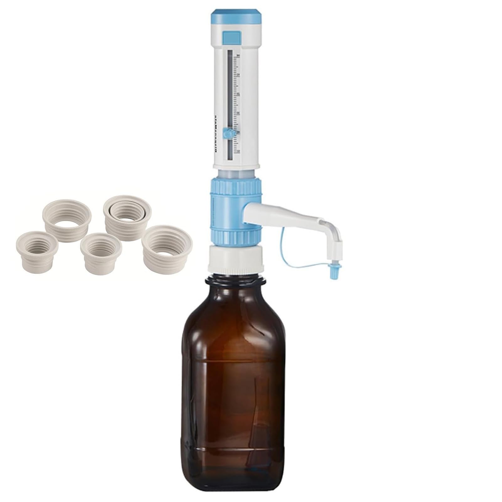 Distributeur de liquide de laboratoire avec adaptateurs pour goulot de bouteille – Réglage précis du volume pour distribuer des solvants, des réactifs, des produits chimiques (0,5 à 5 ml) – Matériau