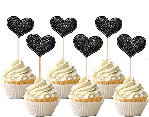 Black Heart Cupcake Toppers Glitter Black Heart Early 2000S Party Cupcake Picks Wedding Engagement Bridal Shower Baby Shower Birthday Party Cake Snack Decorations Supplies (50 Pcs) #TOP6