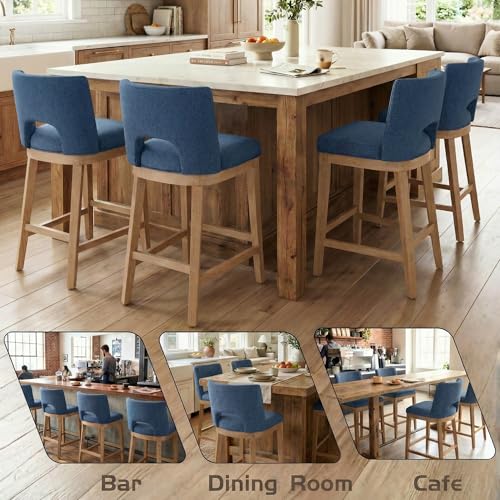 Butacos de barra chairus, set de 6 unidades, sin brazos, acolchados, respaldo de madera y patas de madera, tapizados en tela lino, color azul, para isla de cocina o barra alta miniatura 6
