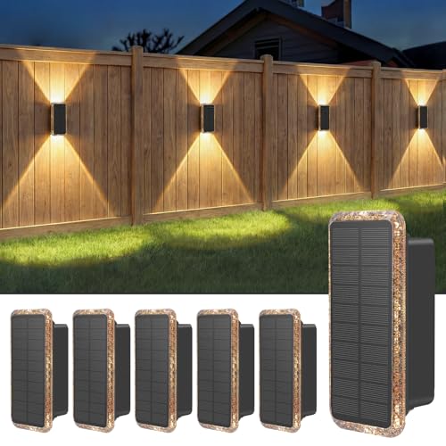 vighep Solar Fence Lights Outdoor 6 Pack, 5CCT(3000K-6000K) Up and Down Solar Wall Lights, IP65 Waterproof Dusk to Dawn Wood Fence Lights Solar Powered for Patio, Porch, Backyard, Garage, Wall Decor