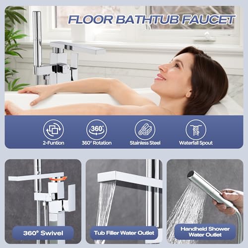 Free Standing Tub Faucet, Floor Mount Bathroom Tub Filler, Grifería de piscina con soporte de piso, monomando, con rociador de mano, acabado cromo miniatura 4