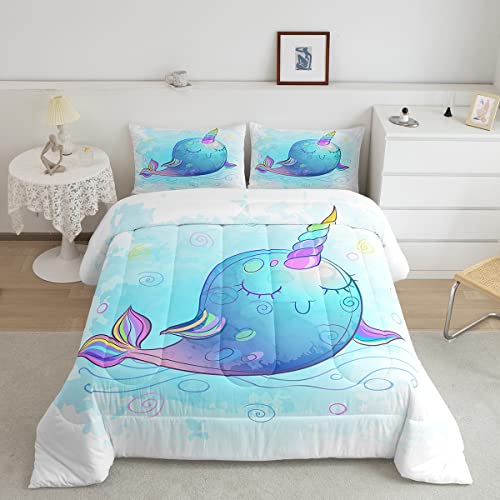 Cute Narwhal Comforter Set Twin for Kids Youth,Ranibow Unicorn Bedding Set Gifts for Girls,Cartoon Ocean Whale Duvet Insert Blue Tie Dye Quilt Nautical Ocean Themed Bedroom Decor,Breathable
