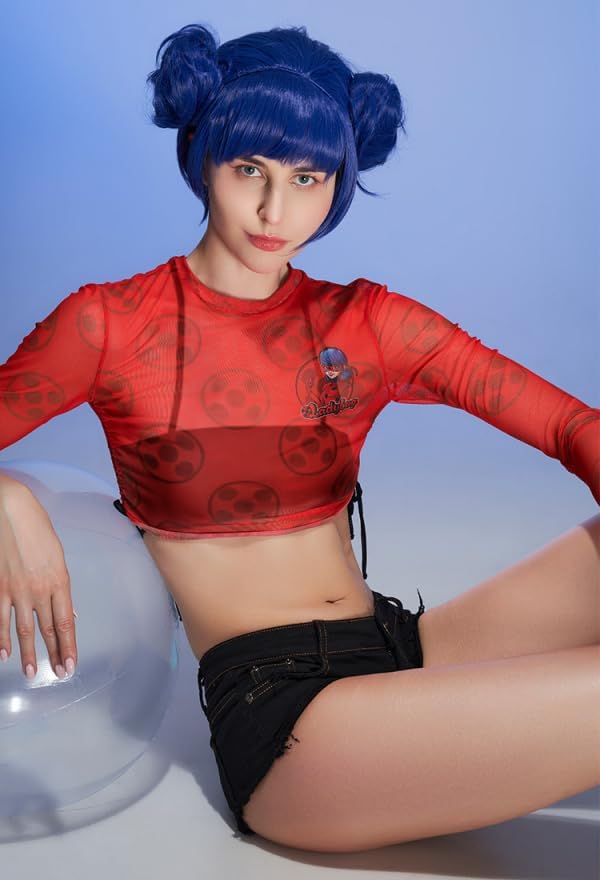 Micotaku Miraculous Ladybug Officially Licensed Women Red Black Ladybug Print Long Sleeves Lace-up Swimsuit Cover Up