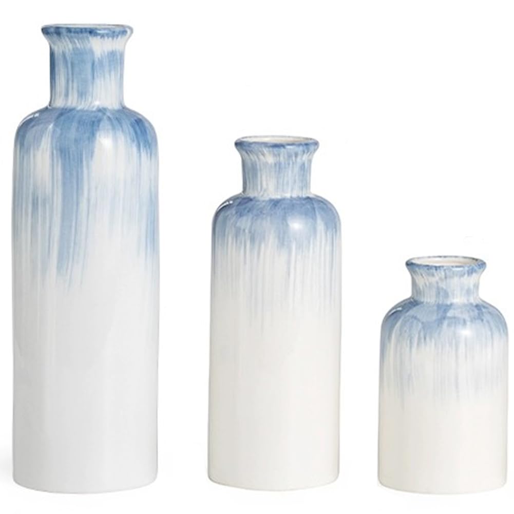 Small Ceramic Vase Set for Dining Table Decoration, Nordic Style Home Decor - Set of 3 Mini Decorative Pieces for Single Flower, Pampas Grass - Height 5-8-10 Inch, Pale Blue and White