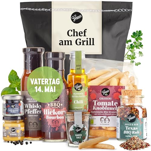 Gepp's Feinkost ,,Chef am Grill“ Geschenkkorb für Männer I Köstliches Grill-Geschenk mit 2 x Grillsaucen, Chili-Öl, Magic Spice Rub, Black Lava Salz & Grissini I Geschenkidee zum Grillen