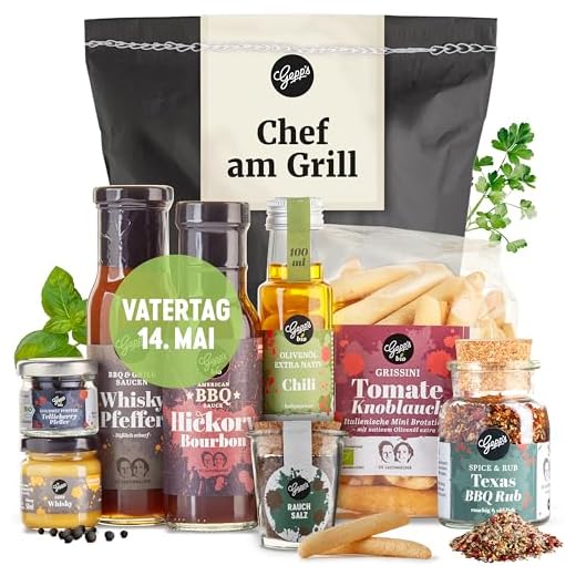 Gepp's Feinkost ,,Chef am Grill“ Geschenkkorb für Männer I Köstliches Grill-Geschenk mit 2 x Grillsaucen, Chili-Öl, Magic Spice Rub, Black Lava Salz & Grissini I Geschenkidee zum Grillen